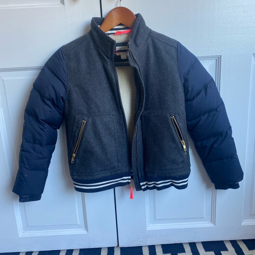 Crew cut kids navy and grey puffer jacket with fleece inside. Size 8